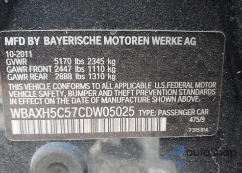 2012 BMW 528I xDrive from USA, damaged, VIN WBAXH5C57CDW05025
